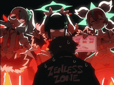 Man In Zenless Zone Shirt With Anime Characters GIF