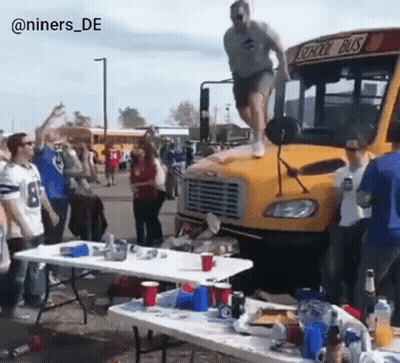 Man Jumping Off School Bus Hood GIF