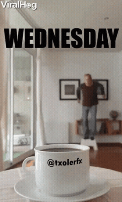 Man Jumping On Stool Next To Coffee Saying Wednesday GIF