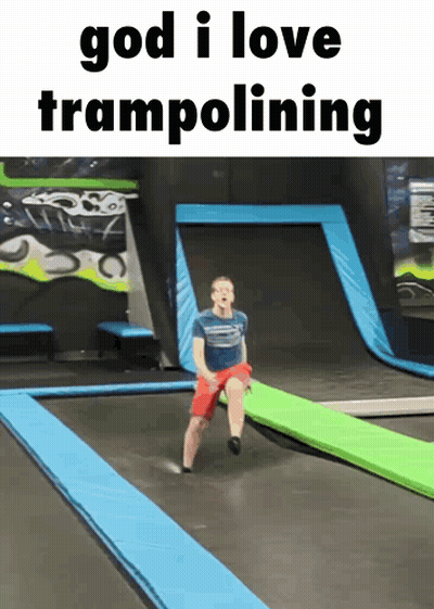 Man Jumping On Trampoline Saying God I Love Trampolining GIF