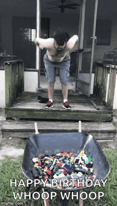 Man Jumping Over Wheelbarrow Of Lego Bricks Happy Birthday Whoop Whoop GIF