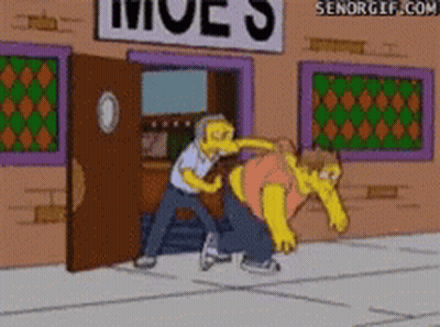 Man Kicking Another Man In Front Of Moe's GIF