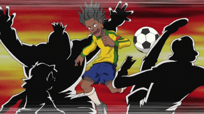 Man Kicking Soccer Ball Surrounded By Silhouettes GIF