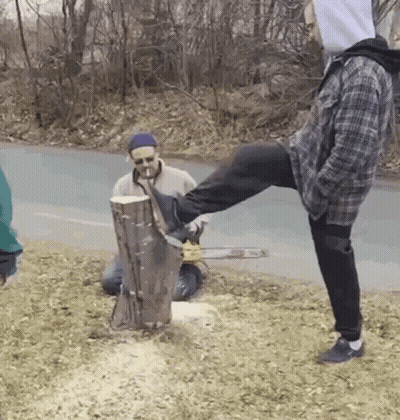Man Kicking Tree Stump With Chainsaw, Another Watching GIF