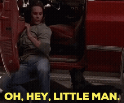 Man Kneeling At Red Car Says Oh Hey Little Man GIF