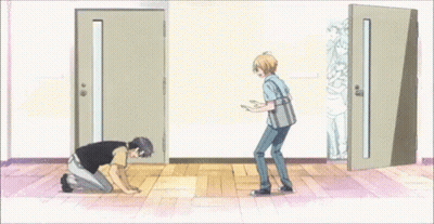 Man Kneeling In Front Of Door With Another Man Standing GIF