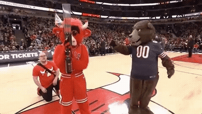 Man Kneeling Next To Mascot In 00 Jersey GIF