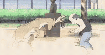 Man Kneeling While Two Sheep Fight GIF
