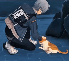 Man Kneeling With Cat And Hunters Backpack GIF