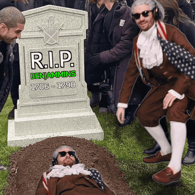 Man Laying In Dirt In Front Of Gravestone R.I.P. Benjamins 1706-1790 GIF