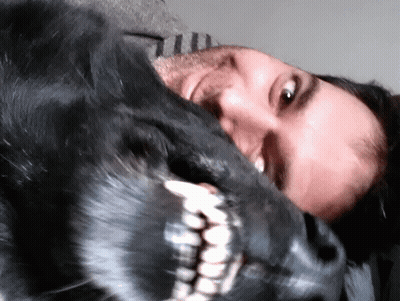 Man Laying On Bed With Head On Dog's Head GIF