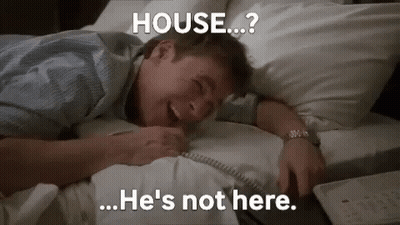 Man Laying On Bed With Telephone Saying House He's Not Here GIF