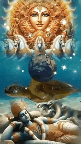 Man Laying On Turtle With Sun And Horses GIF