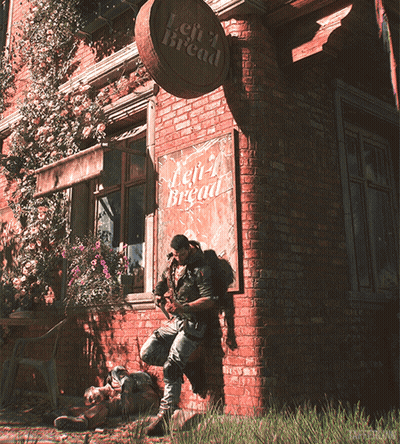 Man Leaning Against Brick Wall With Left Bread Sign GIF