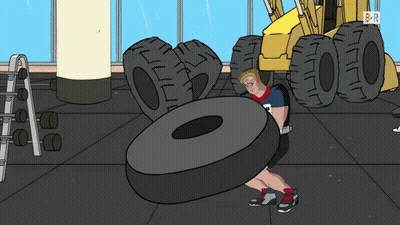 Man Lifting Tire With BR Letters GIF