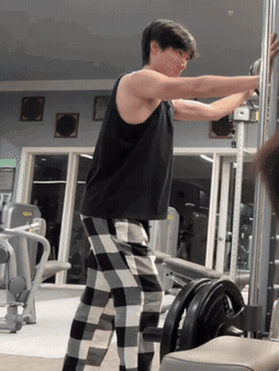 Man Lifting Weights In Plaid Pants And Black Tank GIF