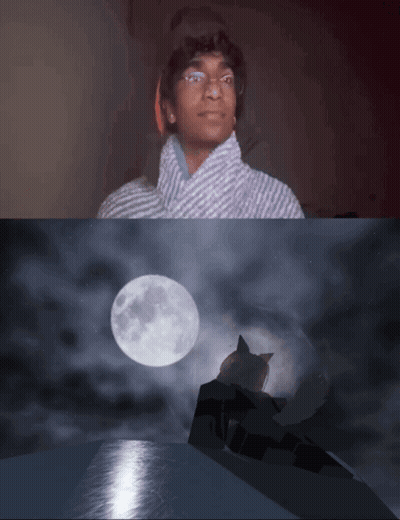 Man Looking At Full Moon While Cat Looks Down At Water GIF