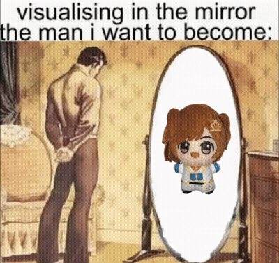 Man Looking At Himself In Mirror With Stuffed Animal GIF