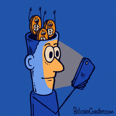 Man Looking At Phone With Coins Coming Out Of Head Bitcoincoaster.com GIF