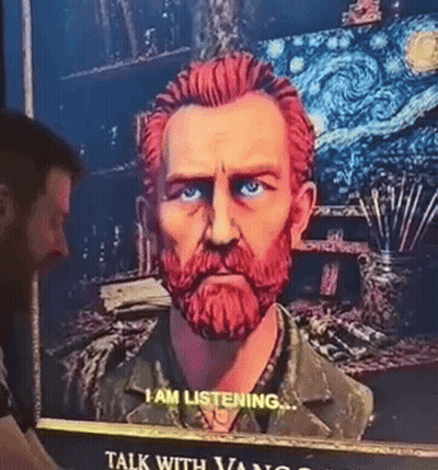 Man Looking At Van Gogh Painting With Red Hair And Beard GIF