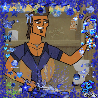 Man Looking In Mirror Surrounded By Blue Flowers GIF