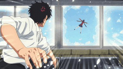 Man Looking Out Window At Flying Girl GIF