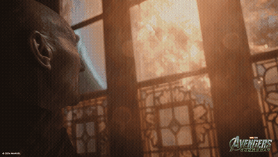 Man Looking Out Window With Avengers Logo GIF