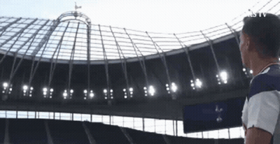 Man Looking Up At Soccer Stadium Roof GIF