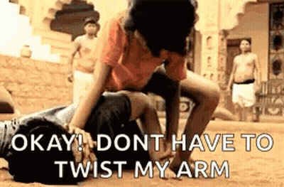Man Lying On Another Saying Okay Don't Twist My Arm GIF