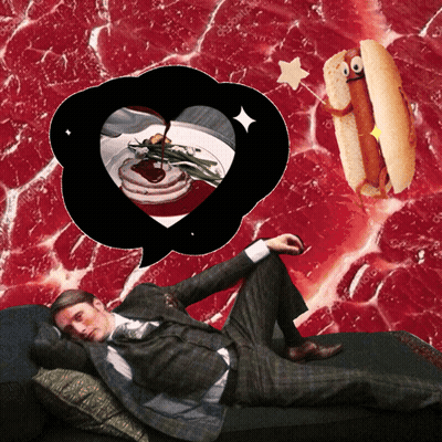Man Lying On Couch With Hot Dog And Heart Speech GIF