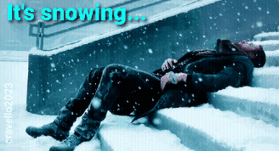 Man Lying On Snowy Stairs Saying Its Snowing GIF