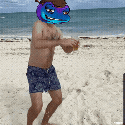Man On Beach With Blue Lizard Head GIF