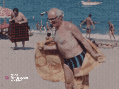 Man On Beach With Fries Film & Audio Archief GIF