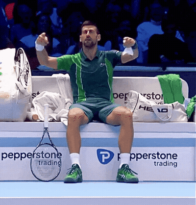 Man On Bench With Tennis Racquet And Pepperstone Sign GIF
