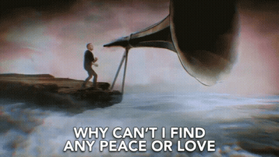 Man On Cliff Playing Trumpet Saying Why Can't I Find Any Peace Or Love GIF