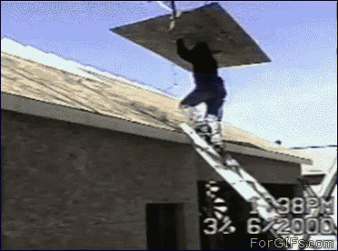 Man On Ladder Carrying Wood On Roof GIF