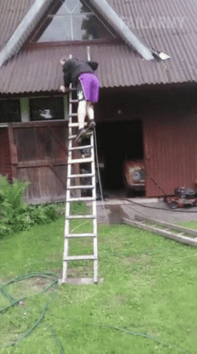 Man On Ladder In Front Of Vilary Building GIF
