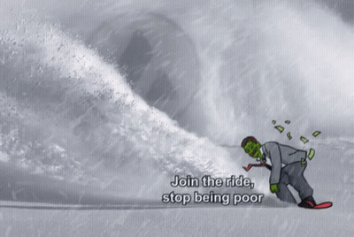 Man On Snowboard Saying Join The Ride Stop Being Poor GIF