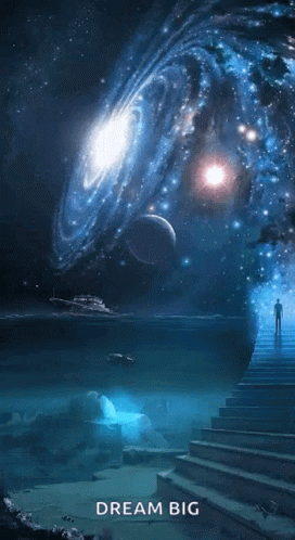 Man On Stairs In Front Of Galaxy Dream Big GIF