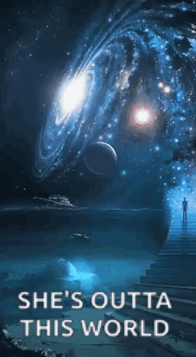 Man on Stairs in Front of Galaxy She's Outta This World