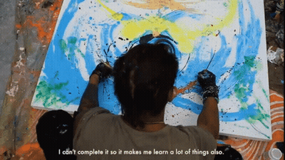 Man Painting On Large Canvas Saying I Can't Complete It GIF