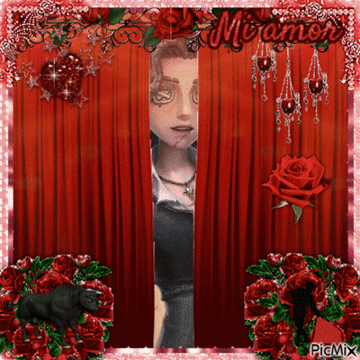 Man Peeking Behind Red Curtain Miramon GIF