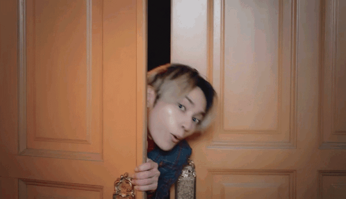 Man Peeking Behind Wooden Door GIF