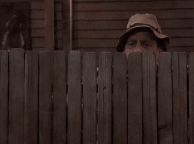 Man Peeking Over Wooden Fence Wearing Hat GIF