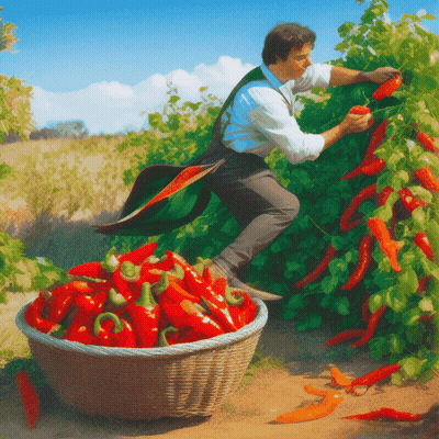 Man Picking Peppers With Basket Of Peppers GIF