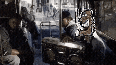 Man Playing Boombox On Bus With Cartoon Character Behind GIF