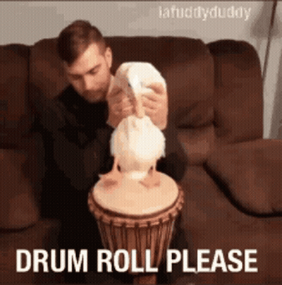 Man Playing Drum With Duck On Couch GIF