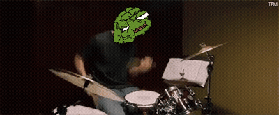 Man Playing Drums With Cartoon Face On Head GIF