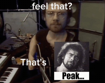 Man Playing Guitar Next To Portrait Saying Feel That And That's Peak GIF