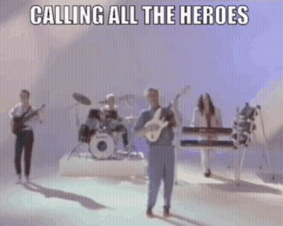 Man Playing Guitar With Band Calling All The Heroes GIF